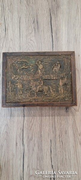 Antique wooden box with copper relief. Souvenir from Warsaw.