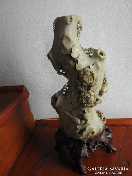 Antique grease stone statue vase - richly carved