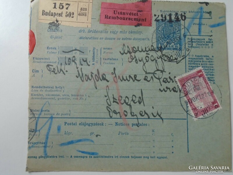 ZA443.17  Postai szállítólevél  Bulletin d'expedition - 1917 -Budapest  -Vajda Imre, Drogéria-Szeged
