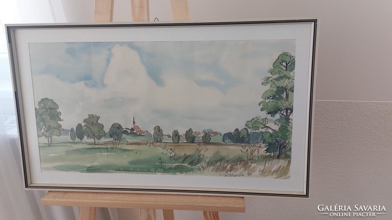 (K) Szignózott akvarell tájképfestmény kis faluval 72x42 cm kerettel