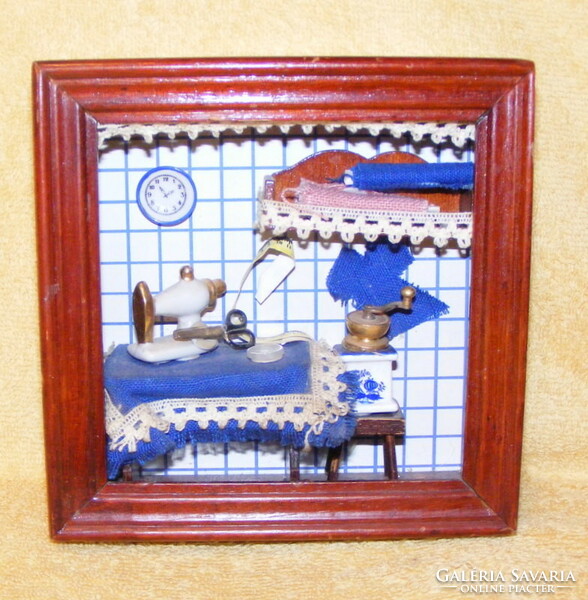 Sewing room doll furniture in a frame for a toy doll