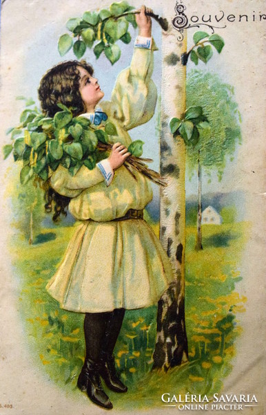 Antique embossed spring greeting litho postcard little girl picking birch branches