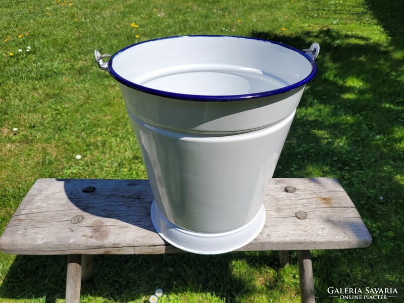 Old blue and white enameled Budafok bucket jug