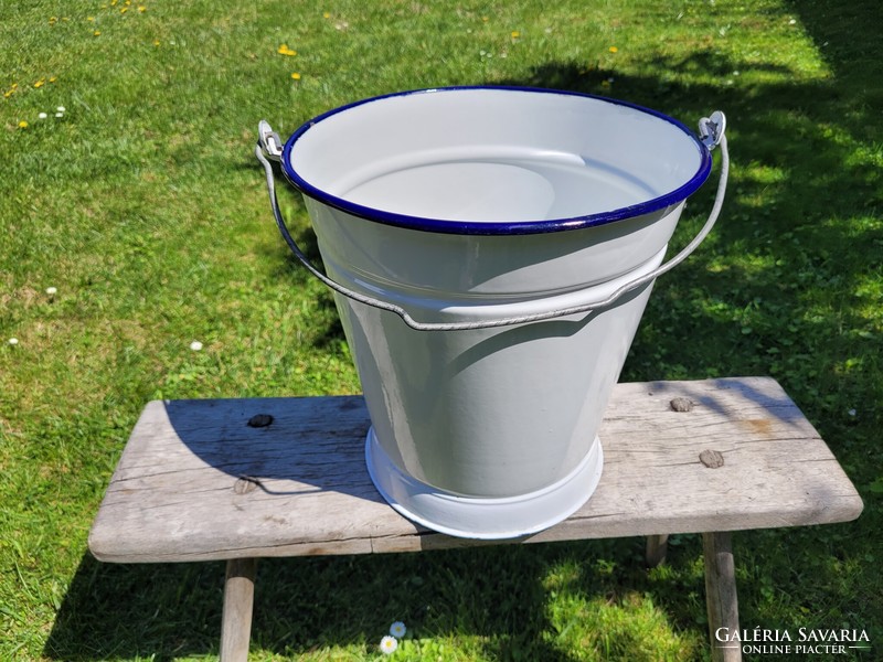 Old blue and white enameled Budafok bucket jug