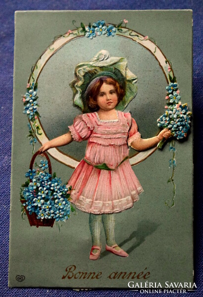 Antique embossed mechanical postcard of a little girl with a forget-me-not bouquet, her hand can be moved. Back side missing