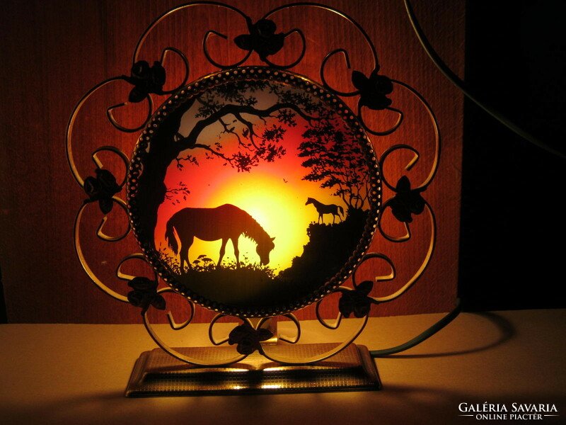 Equestrian painted glass lamp with metal frame