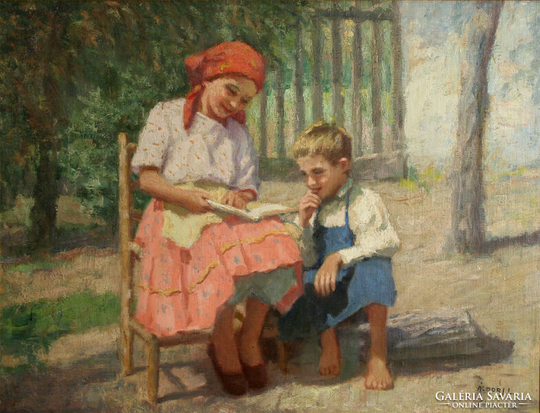 Áldor János László (1895-1944) Olvasó Gyermekek 60x80cm Játszó Gyerekek Kislány Kisfiú Testvérek