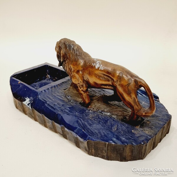 Carved wooden desk lion pen and ink bowl - ep