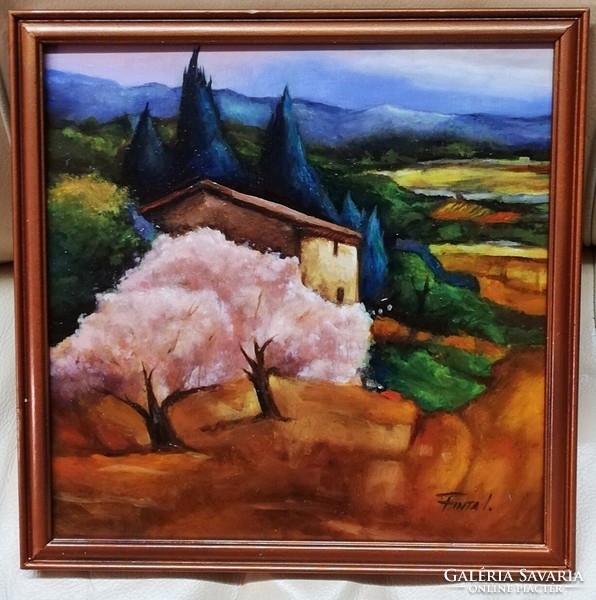 Contemporary oil painting - Tuscan spring (approx. 26 X 26 cm, in original frame)