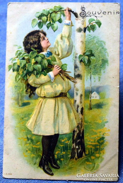 Antique embossed spring greeting litho postcard little girl picking birch branches