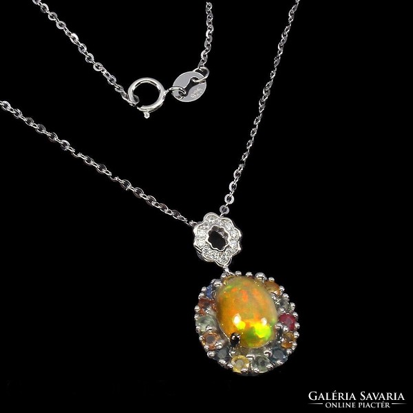 Genuine 9x7mm fire opal colored sapphire 925 sterling silver necklace