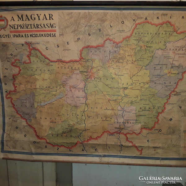 1960-s évek KÁDÁR korszak HATALMAS iskolai fali térkép Magyarország megyéi ipara és közlekedése