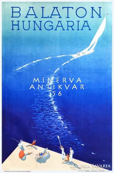 Vintage balaton poster reprint beachgoers pier shore white sailboat lake blue water summer sunbed fisherman