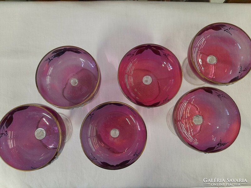 Czech hand-painted purple, burgundy glass bowl, set of 6 glasses.