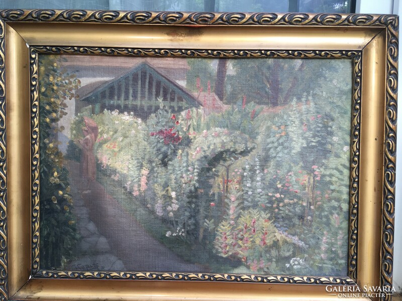 Painting by János Kopits (early 20th century, Kaposvár): in the garden