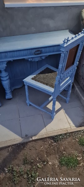 Antique table with chairs and matching cabinet painted blue