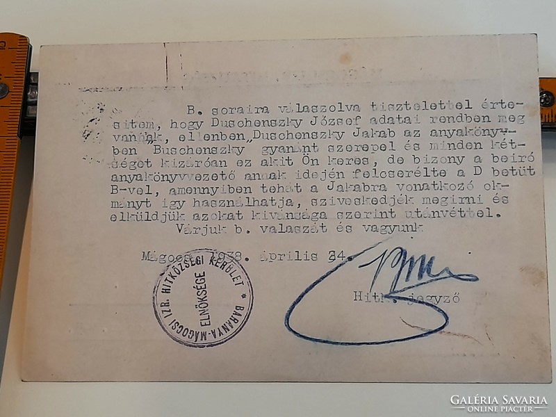 Judaika: Mágocsi Izr. Hitközség fejléces levelezőlap, 1938.