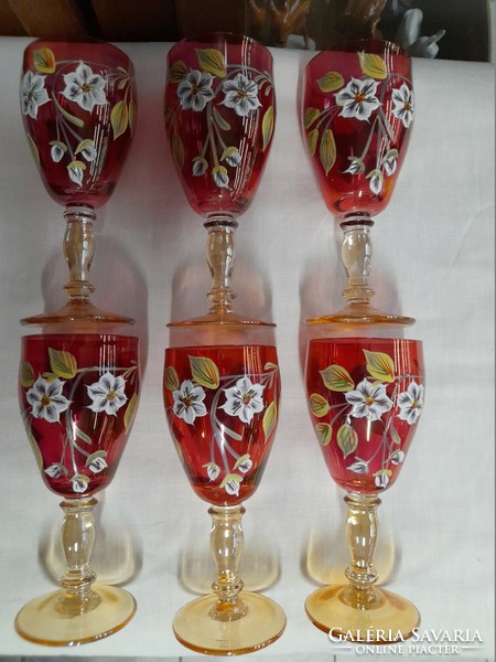 Czech hand-painted purple, burgundy wine glass, set of 6 glasses.