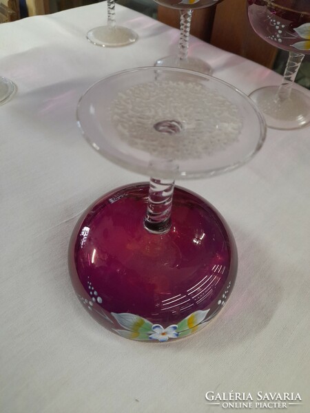 Czech hand-painted purple, burgundy glass bowl, set of 6 glasses.