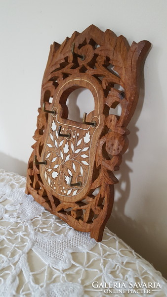 Indian carved wooden key ring with bone inlay