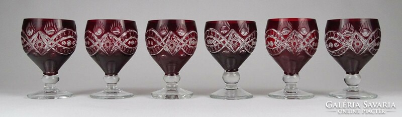 1N464 old polished burgundy-colored glass stamped glass with a base, 6 pieces