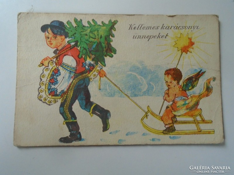 D195338 old postcard - Christmas - 1940k folk costume angel sleigh