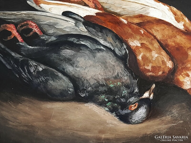 Szignált antik festmény galambokkal