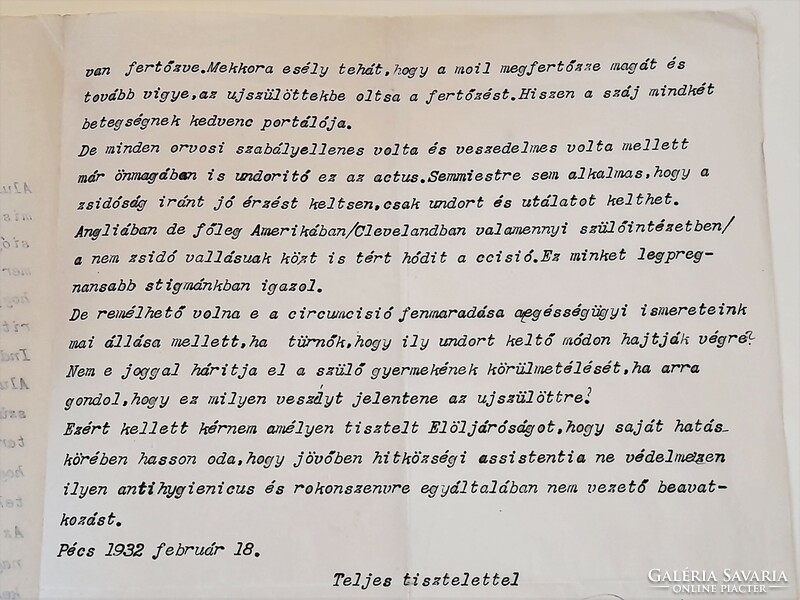 Judaica: dr. Letter from doctor György Ármin to the Pécs izr. To a religious community in 1932.