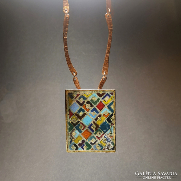 Fire enamel necklace with geometric pattern, long red copper chain (unique, handmade, new)