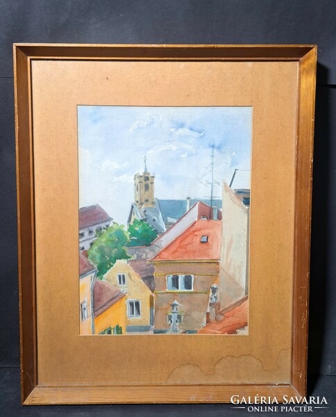 Rooftops, with a church tower - watercolor streetscape, cityscape from the 1960s