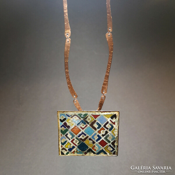 Fire enamel necklace with geometric pattern, long red copper chain (unique, handmade, new)