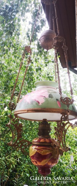 Antik Gyönyörű Szecessziós majolika csillár Lüszter lámpa festett búra Eredeti, állítható magasság s