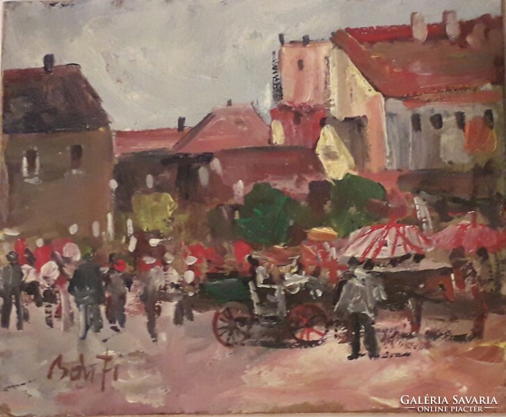 With Bánfi mark, oil painting impression of market life