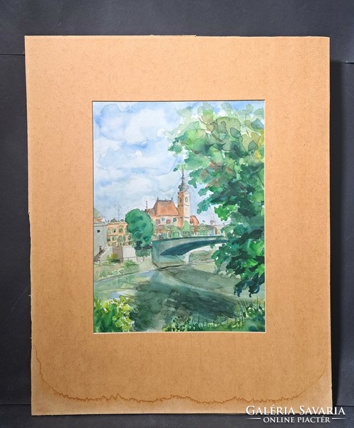 Riverside cityscape with church tower - signed watercolor streetscape from the 1960s