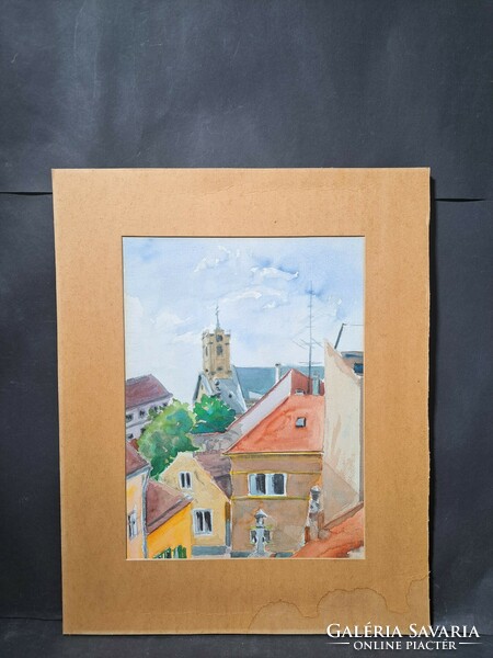 Rooftops, with a church tower - watercolor streetscape, cityscape from the 1960s