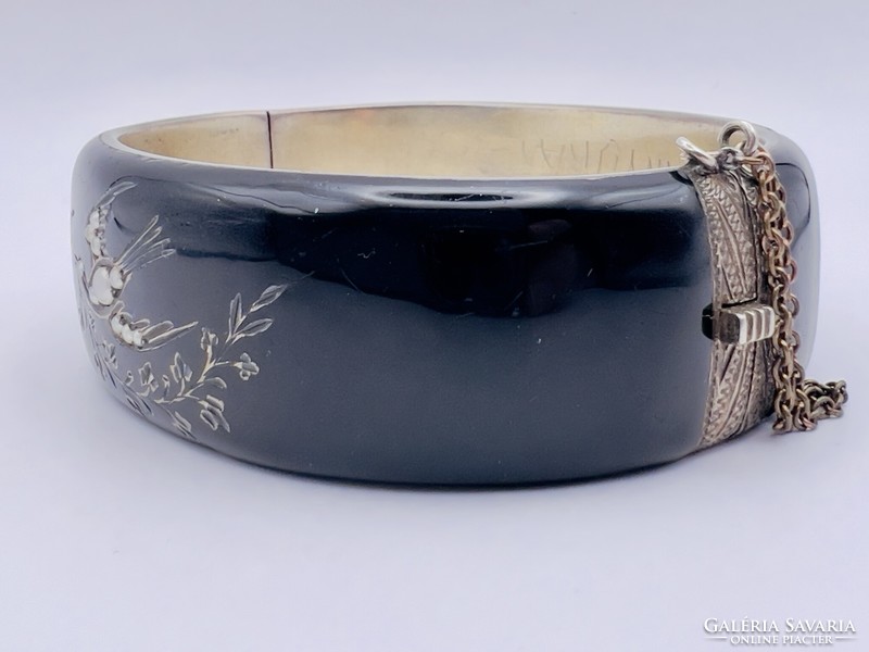 Beautiful condition antique silver high-gloss enamel bracelet with real pearl sockets, bird motif