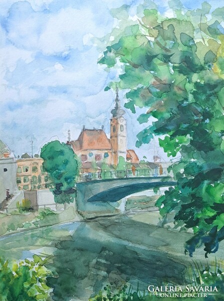 Riverside cityscape with church tower - signed watercolor streetscape from the 1960s