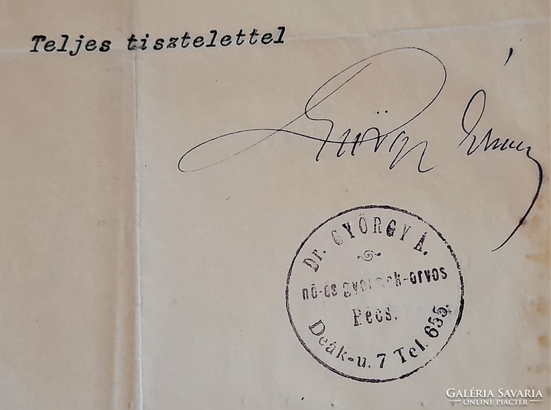 Judaika: Dr. György Ármin orvos levele a Pécsi Izr. Hitközséghez 1932.
