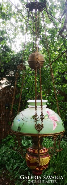 Antik Gyönyörű Szecessziós majolika csillár Lüszter lámpa festett búra Eredeti, állítható magasság s
