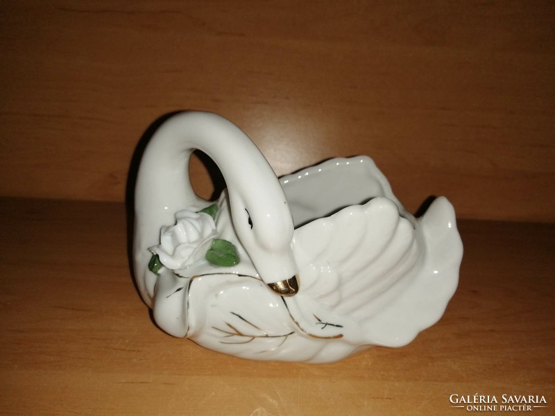 Mázas porcelán hattyú kaspó cukorka kínáló figura szobor 14 cm hosszú (asz)