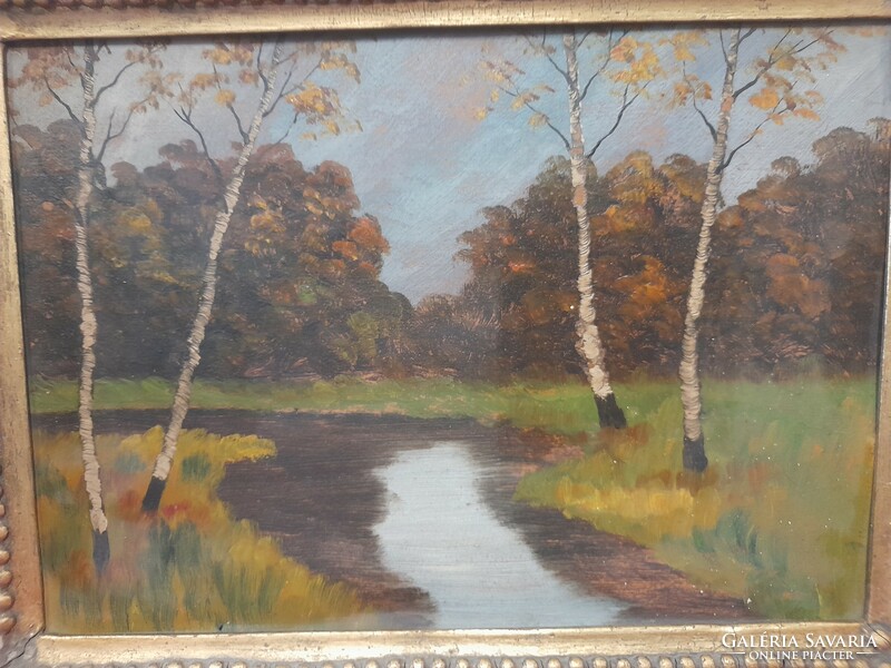 Oil cardboard, forest landscape painting in blonde frame.