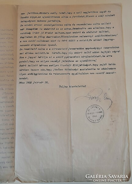 Judaica: dr. Letter from doctor György Ármin to the Pécs izr. To a religious community in 1932.