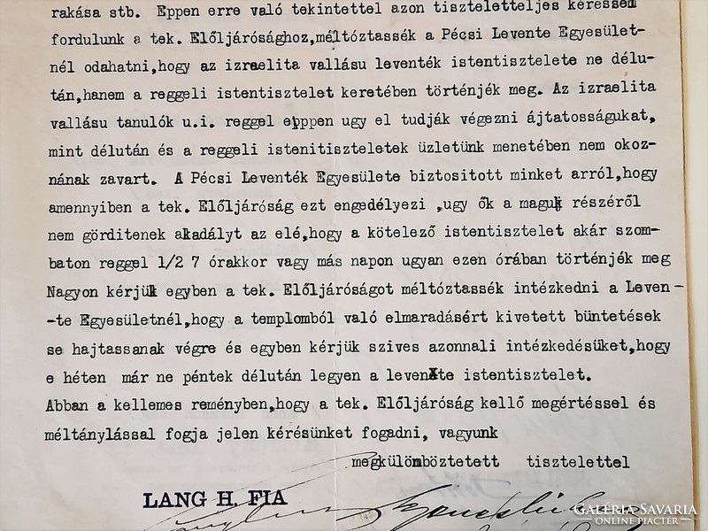 Judaica: letter of Pécs merchants in the Pécs izr. 1929 in a matter referred to a religious community.