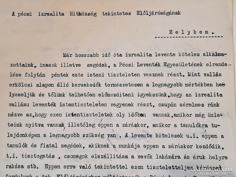 Judaika: Pécsi kereskedők levele a Pécsi Izr. Hitközséghez levente ügyben 1929.