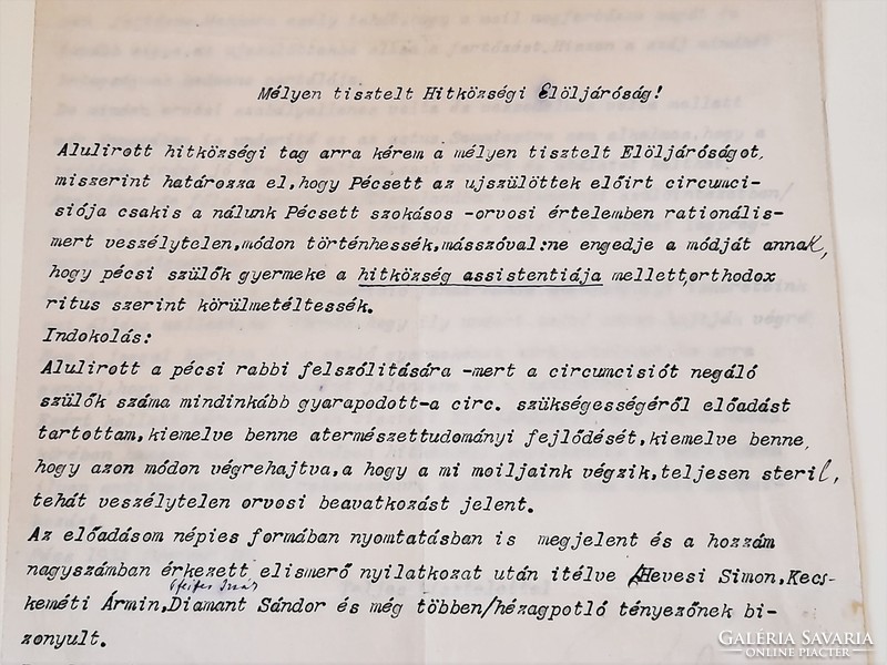 Judaica: dr. Letter from doctor György Ármin to the Pécs izr. To a religious community in 1932.