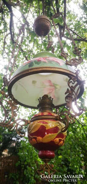 Antique beautiful Art Nouveau majolica chandelier chandelier lamp painted hood original adjustable height s