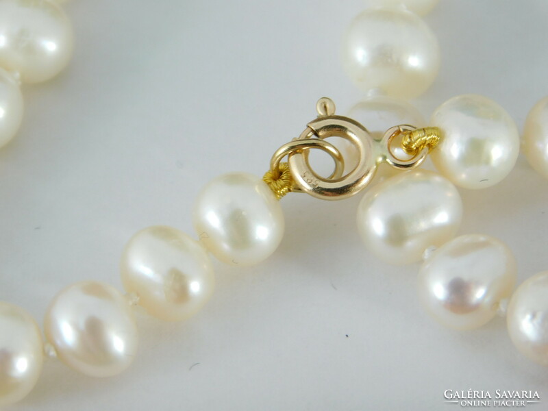 Pearl necklace with coral hearts 14k gold