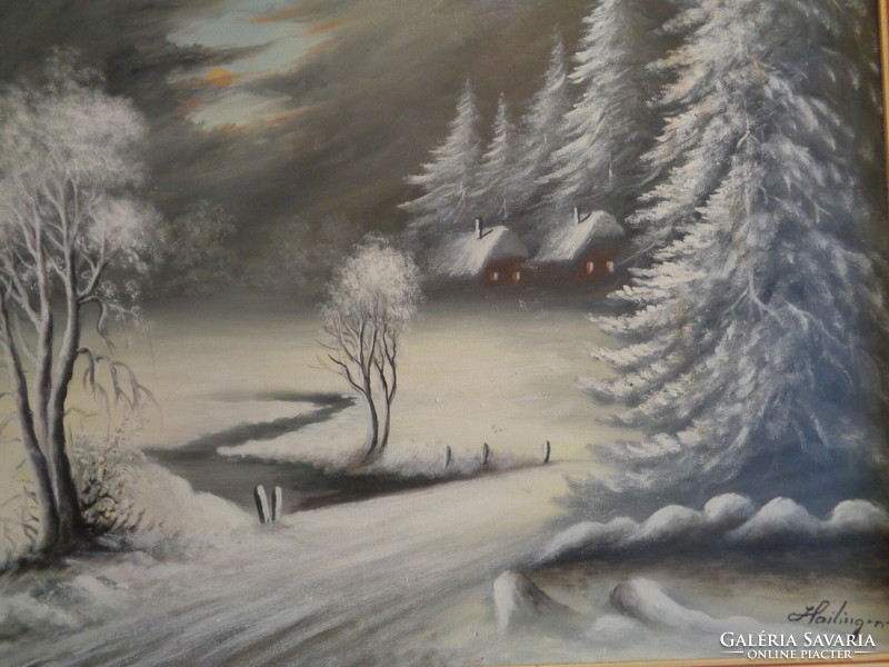Hailinger  Sándor (1921 - 1988 ) Téli táj éjszaka olaj - vászon , 80 x 60 cm , 90 x 40 cm kerettel