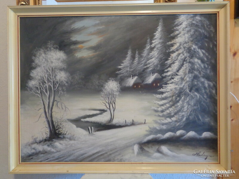 Sándor Hailinger (1921 - 1988) winter landscape at night oil on canvas, 80 x 60 cm, 90 x 40 cm with frame