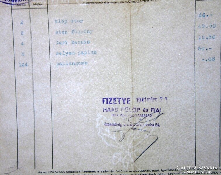 Old letterhead invoice 1941 Szombathely haas fülöp and son, on watermarked paper.